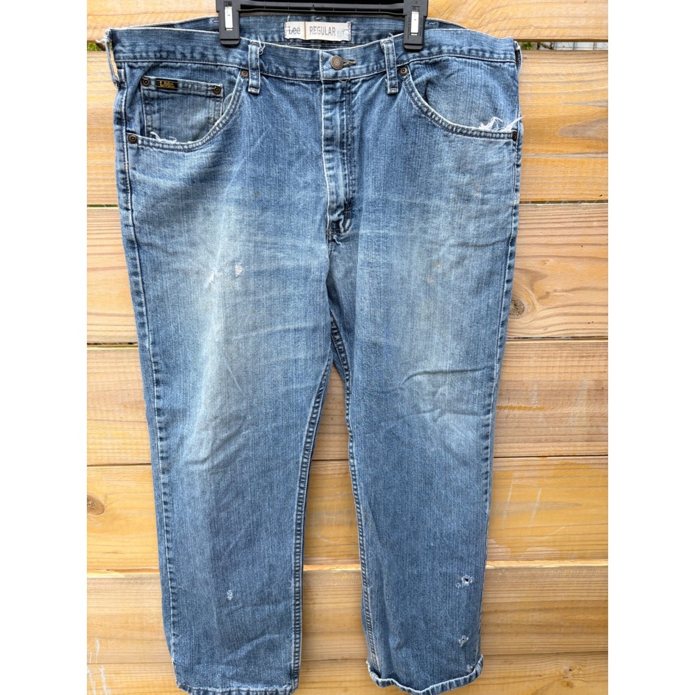 Lee Regular Fit Mens Blue Denim Jeans 40x30 Straight Leg Distressed 2008917